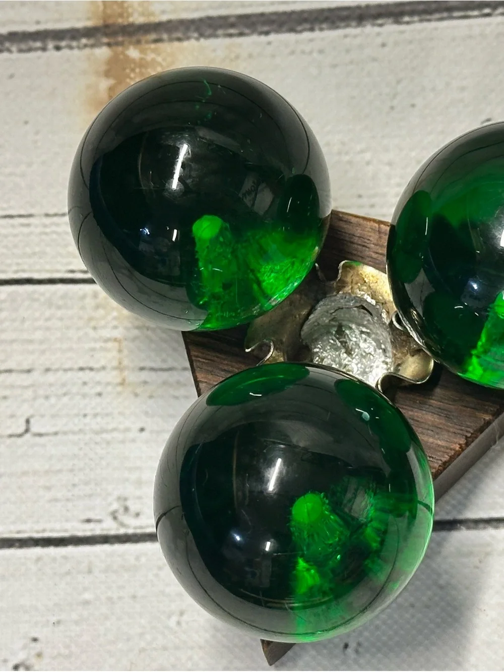 Vintage Green Lucite Atomic MCM Ball Candles & Holder Pair  Triangle Wood  Base